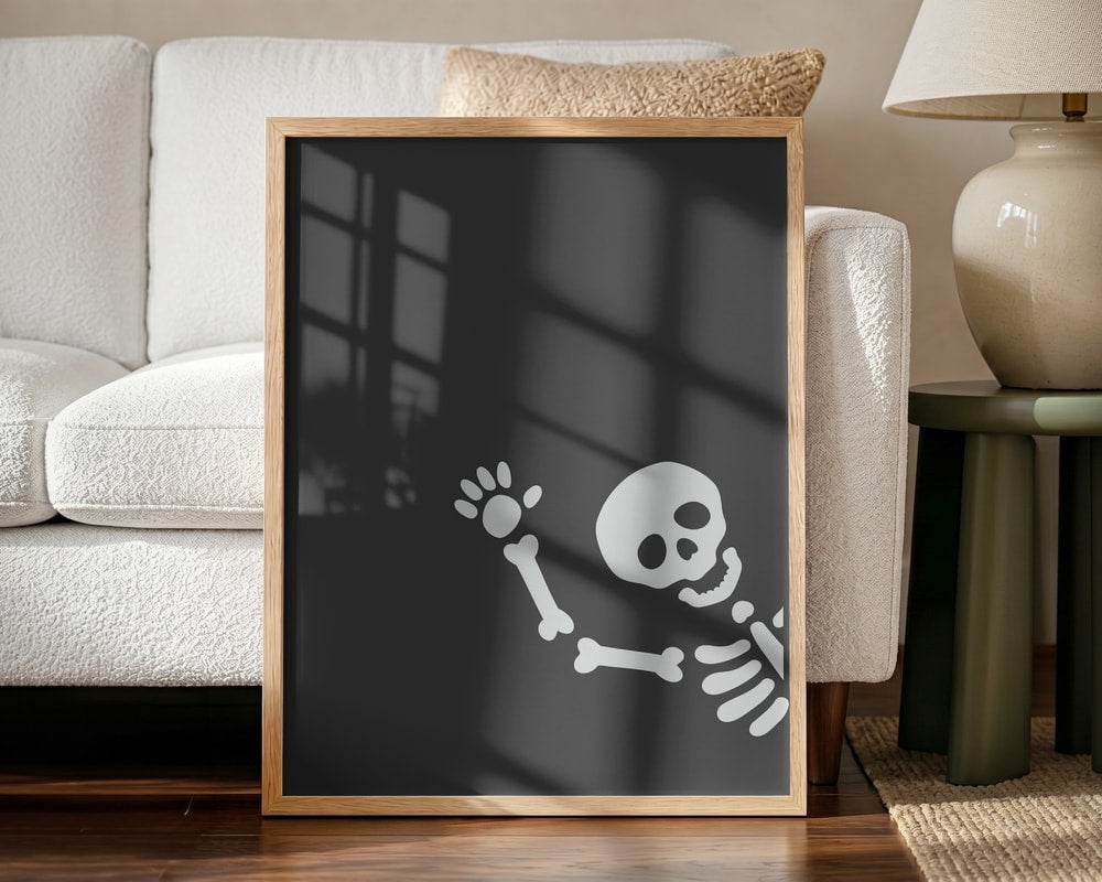 Waving Halloween Skeleton Halloween Wall Art Print – Cute Kawaii Halloween Poster
