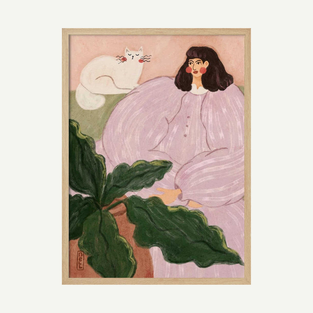 Cozy Woman With Cat Art Print UK — Botanical Calm Wall Art — Bedroom — Wall It All Prints