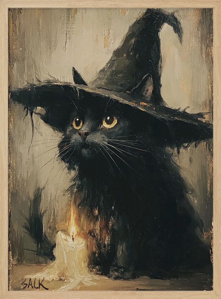 Curious Witch Cat Halloween Wall Art Print – Cute Kawaii Halloween Poster