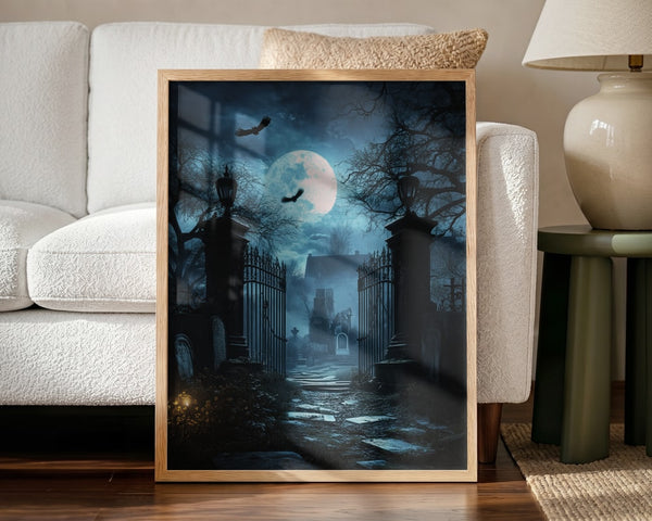 Moonlit Cemetery Gates Halloween Wall Art Print – Gothic Vintage Halloween Poster