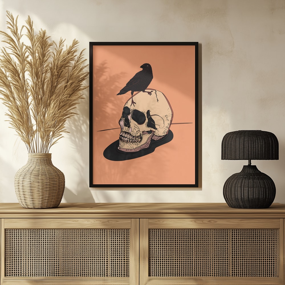 Raven on Human Skull Halloween Wall Art Print – Gothic Vintage Halloween Poster
