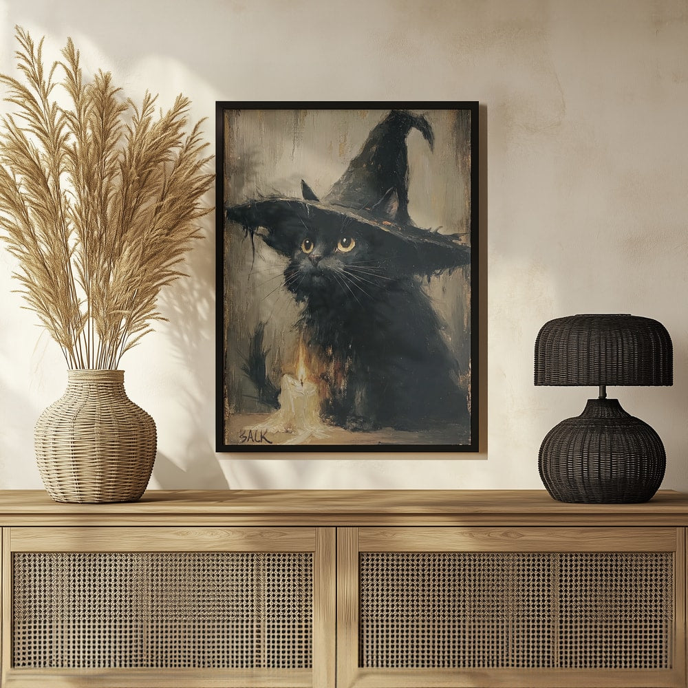 Curious Witch Cat Halloween Wall Art Print – Cute Kawaii Halloween Poster