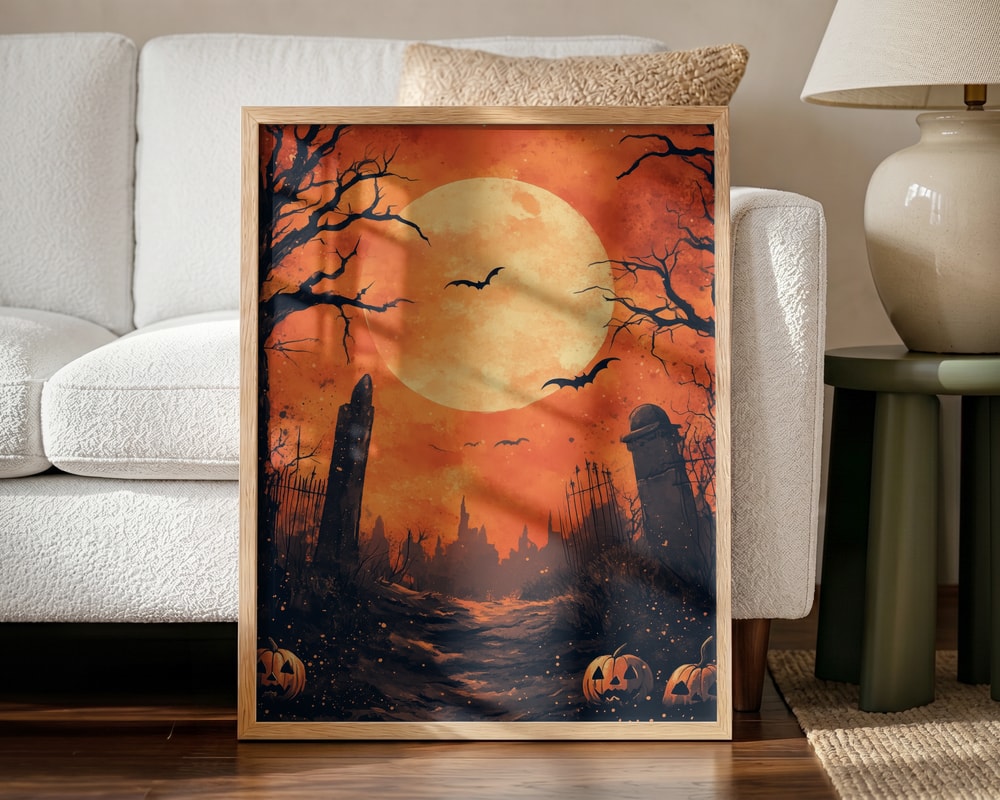 Haunted Graveyard Moon Halloween Wall Art Print – Gothic Vintage Halloween Poster