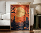 Haunted Graveyard Moon Halloween Wall Art Print – Gothic Vintage Halloween Poster