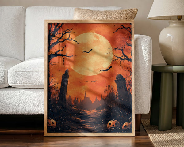 Haunted Graveyard Moon Halloween Wall Art Print – Gothic Vintage Halloween Poster