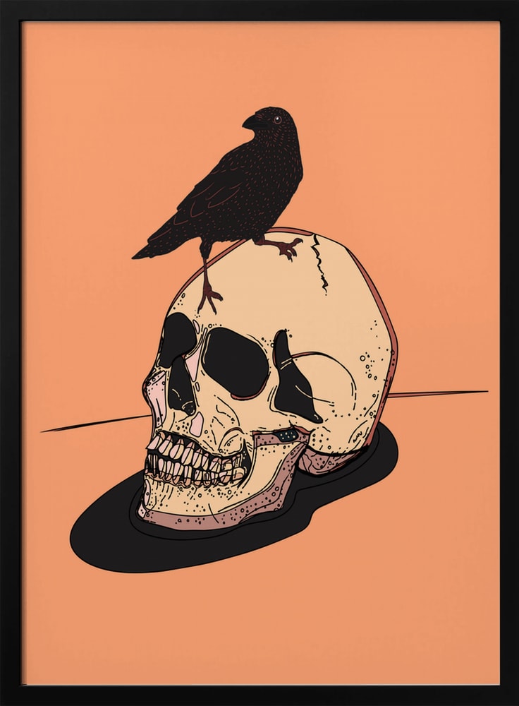 Raven on Human Skull Halloween Wall Art Print – Gothic Vintage Halloween Poster