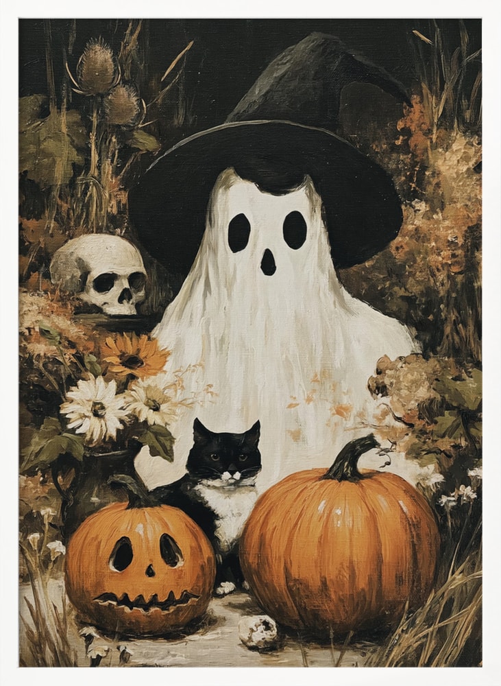 Spooky Ghost Cat Pumpkins Halloween Wall Art Print – Cute Kawaii Halloween Poster