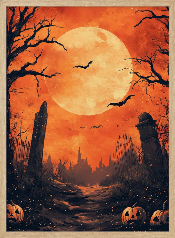 Haunted Graveyard Moon Halloween Wall Art Print – Gothic Vintage Halloween Poster