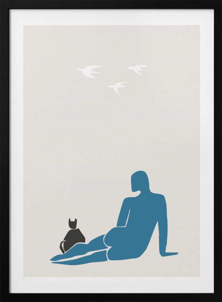 Blue Figure Black Cat Art Print UK — Abstract Calm Wall Art — Bedroom — Wall It All Prints