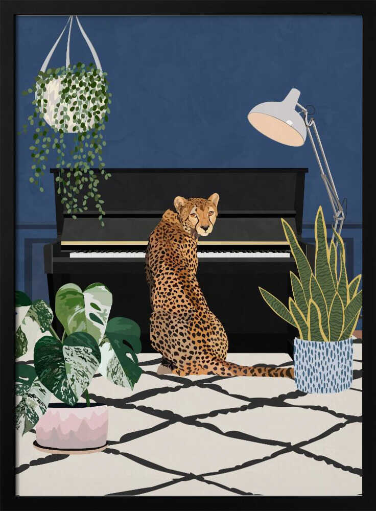Cheetah By The Piano Art Print UK — Botanical Vibrant Wall Art — Living Room — Wall It All Prints