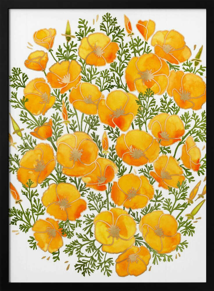 Golden Poppy Blooms Art Print UK — Botanical Vibrant Wall Art — Living Room — Wall It All Prints