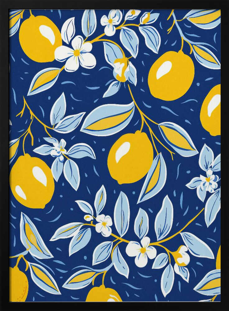 Blue Lemon Pattern Art Print UK — Botanical Vibrant Wall Art — Kitchen — Wall It All Prints