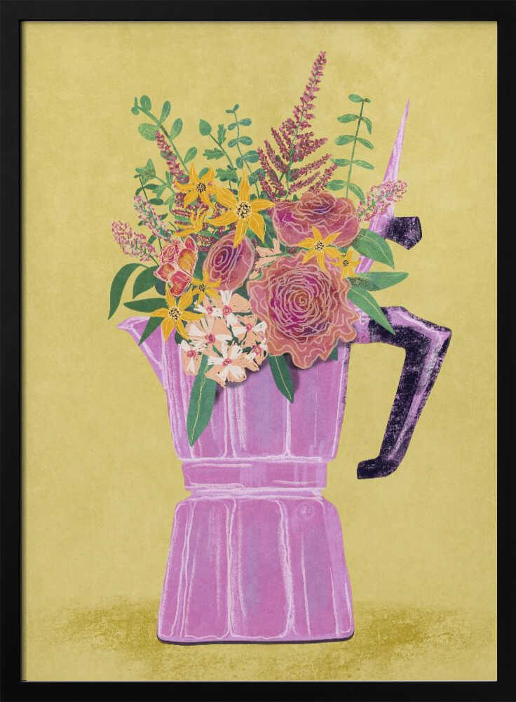 Espresso Maker with Flowers Art Print UK — Botanical Vibrant Wall Art — Kitchen — Wall It All Prints