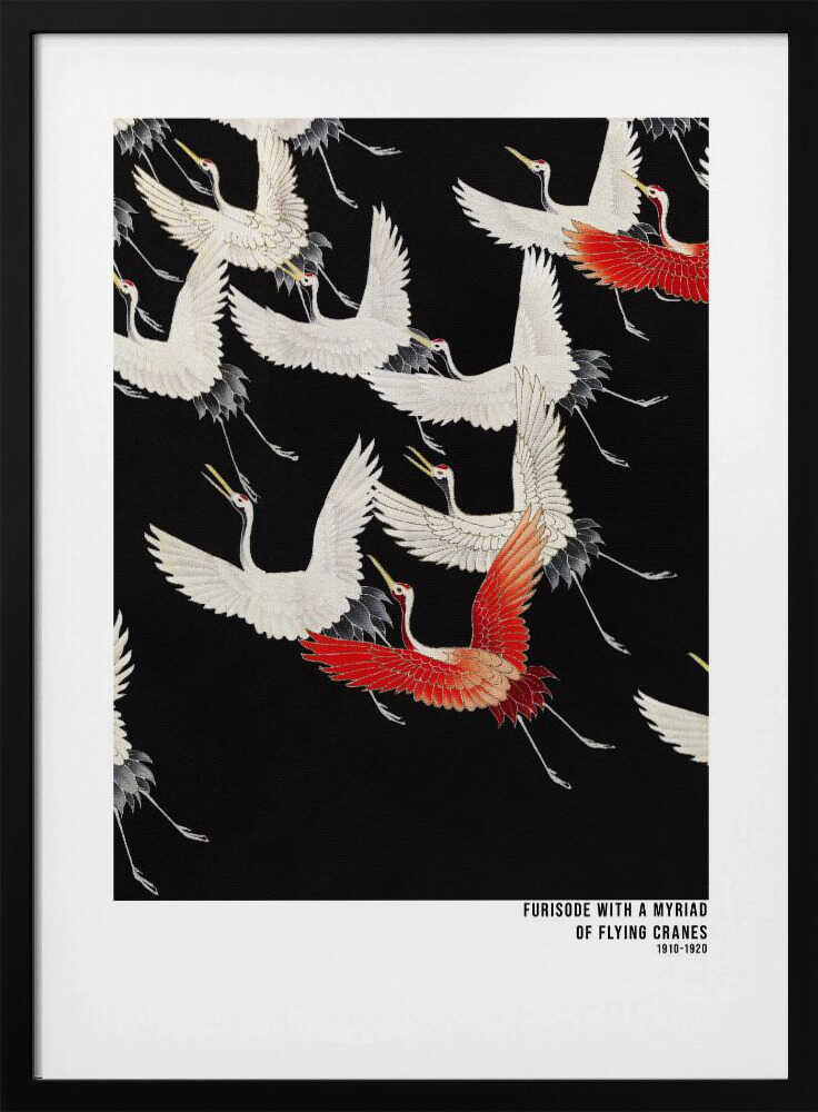 Furisode With a Myriad of Flying Cranes (1910–1920)   Japanese Art Print UK — Japanese Dark Wall Art — Living Room — Wall...