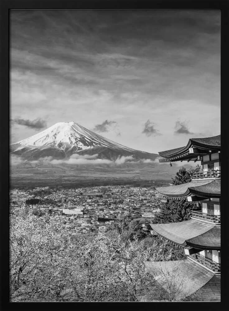 Iconic Fuji Pagoda Blossoms Art Print UK — Japanese Dark Wall Art — Living Room — Wall It All Prints