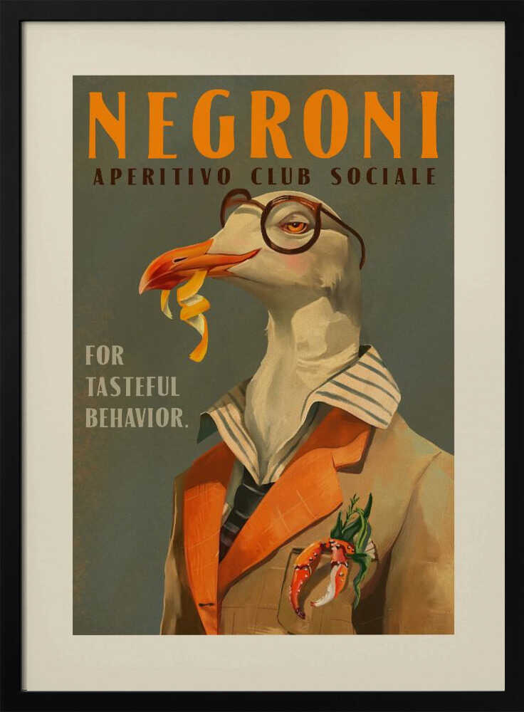 Vintage Art Deco Negroni Poster Of A Fancy Seagull Art Print UK — Vintage Elegant Wall Art — Living Room — Wall It All Prints