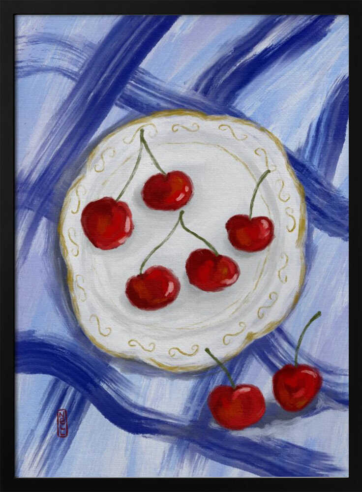 Red Cherries Blue Table Art Print UK — Food Vibrant Wall Art — Kitchen — Wall It All Prints