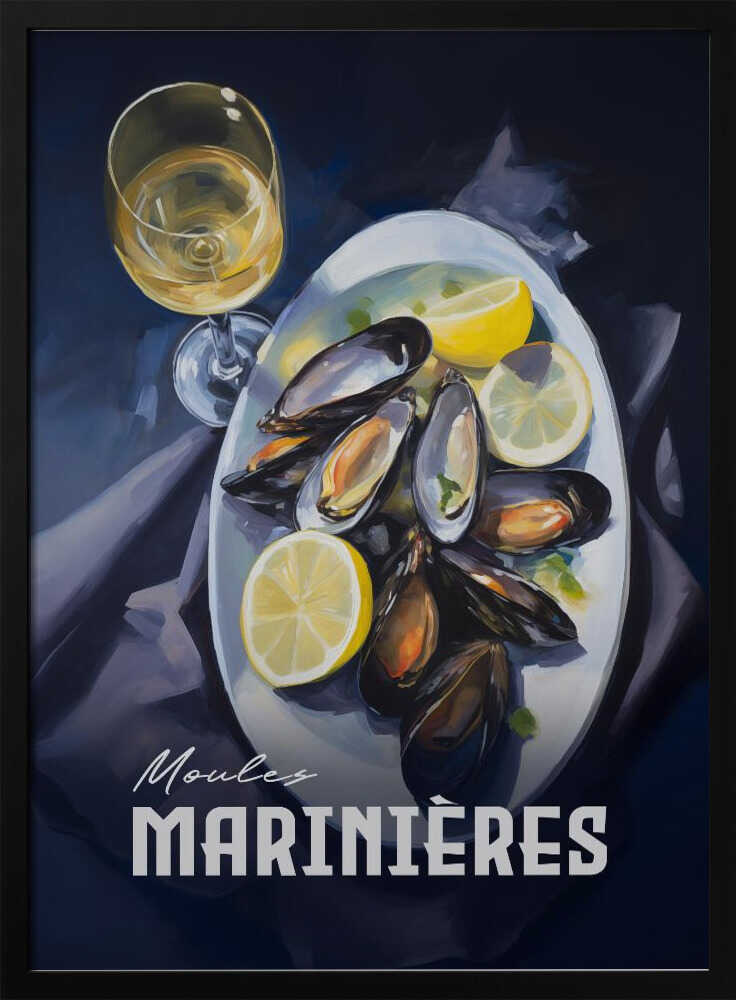 Classic Mussels and Wine Art Print UK — Dark Moody Dark Wall Art — Kitchen — Wall It All Prints