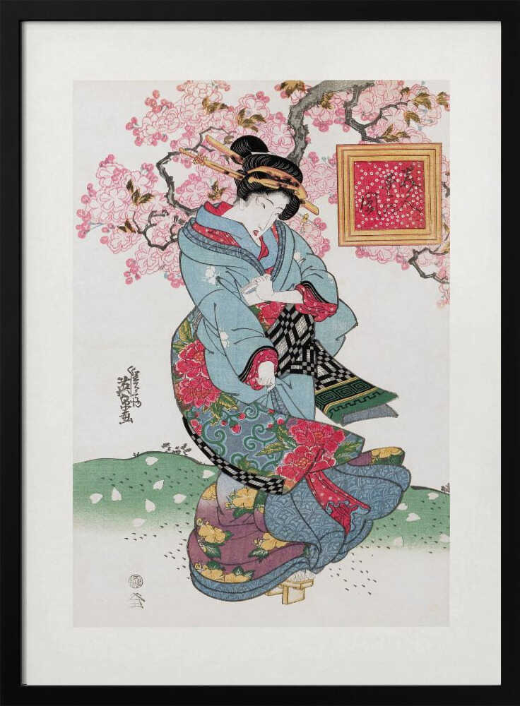Japanese Woman (1828) Vintage Woodblock Print With Boarder