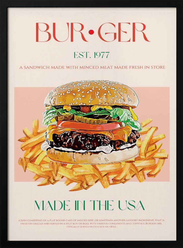 Classic American Burger Art Print UK — Vintage Vibrant Wall Art — Kitchen — Wall It All Prints