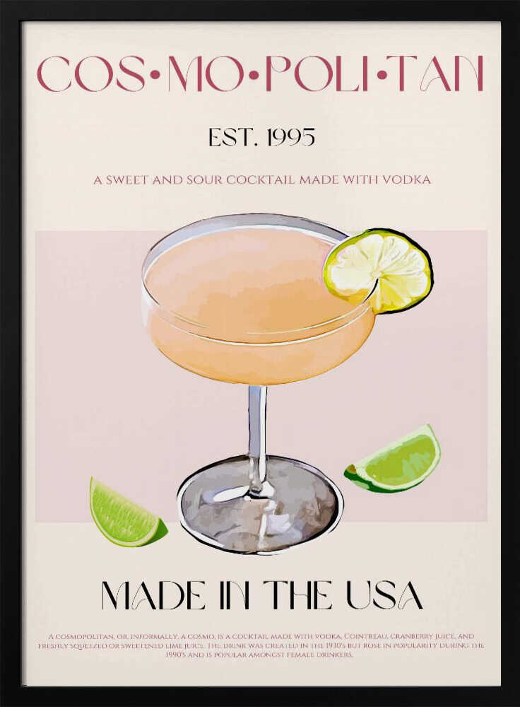 Cosmopolitan Cocktail With Lime Art Print UK — Vintage Minimal Wall Art — Kitchen — Wall It All Prints