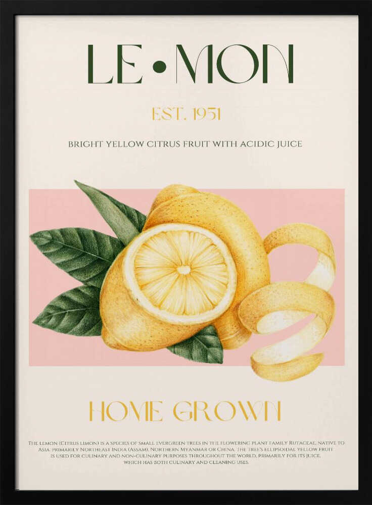 Vintage Style Sliced Lemon With Leaves Art Print UK — Botanical Vibrant Wall Art — Kitchen — Wall It All Prints