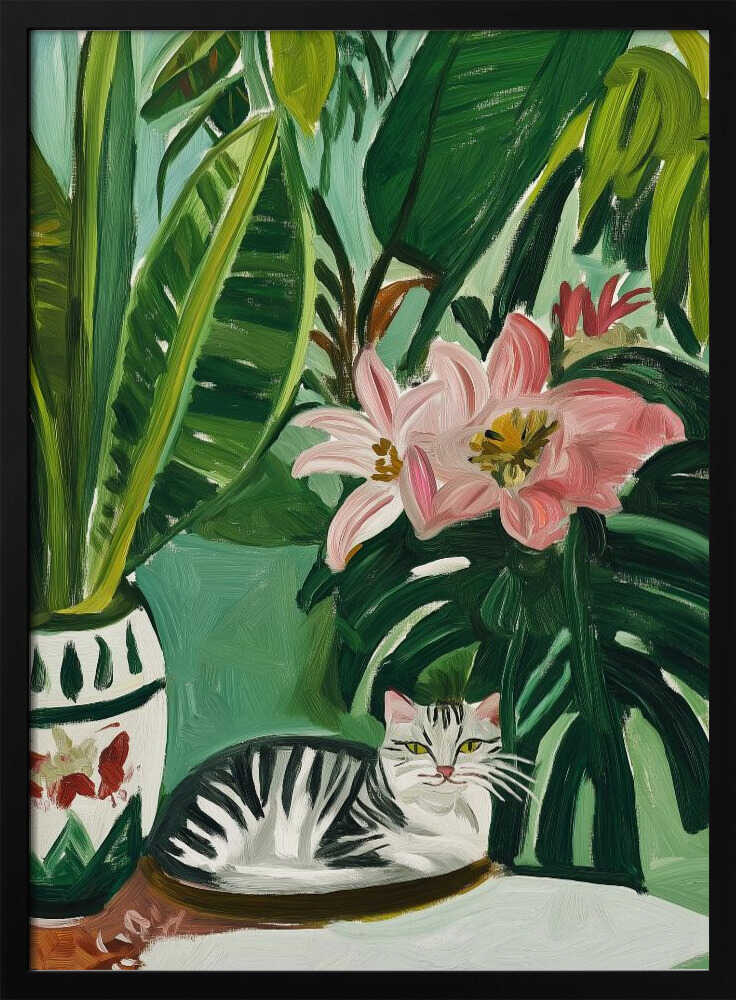 Tropical Cat and Flowers Art Print UK — Botanical Vibrant Wall Art — Bedroom — Wall It All Prints