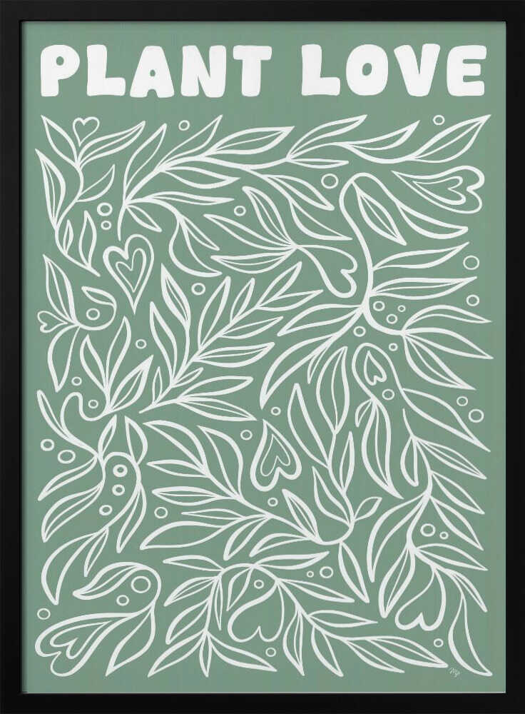 Sage green leaves forming heart shapes, botanical wall art print for office or bedroom.