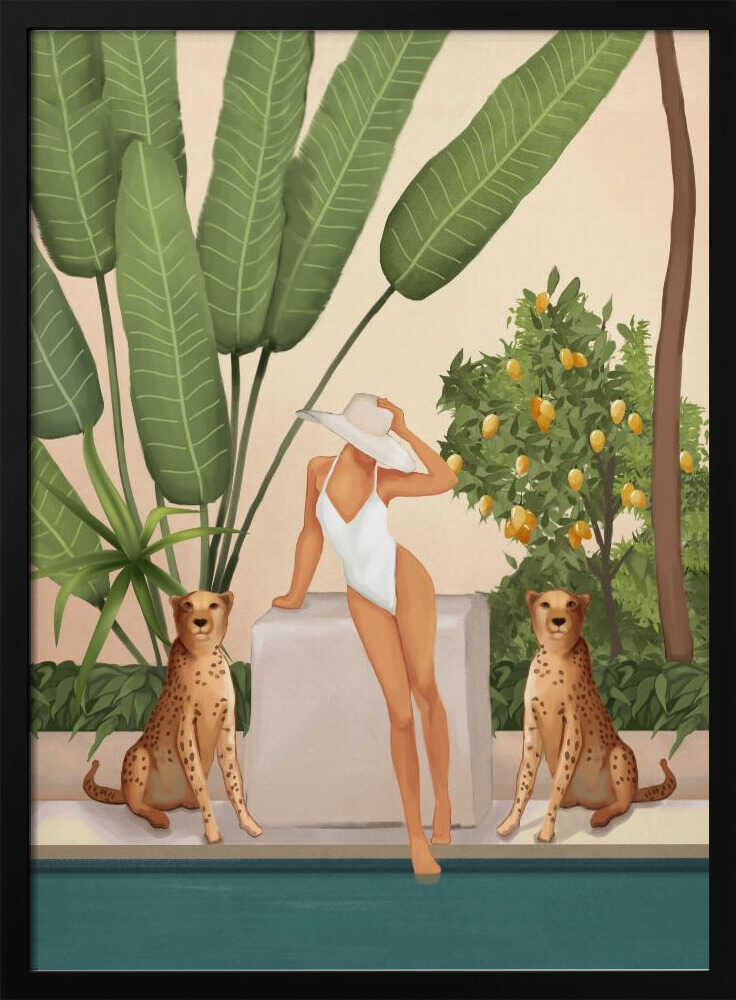Tropical Woman and Cheetahs Art Print UK — Botanical Calm Wall Art — Kitchen — Wall It All Prints