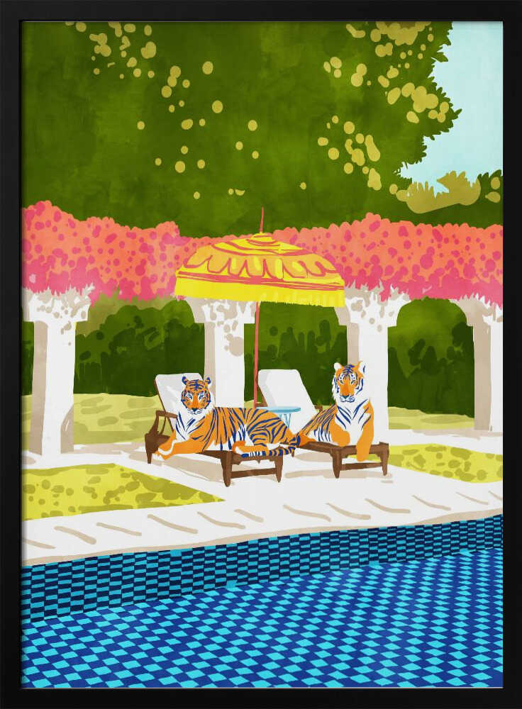 Luxurious Poolside Tigers Art Print UK — Botanical Vibrant Wall Art — Living Room — Wall It All Prints
