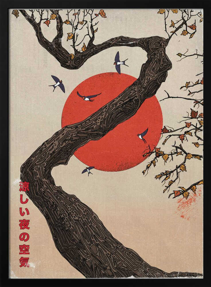 Red Sun Tree Swallows Art Print UK — Japanese Calm Wall Art — Office — Wall It All Prints