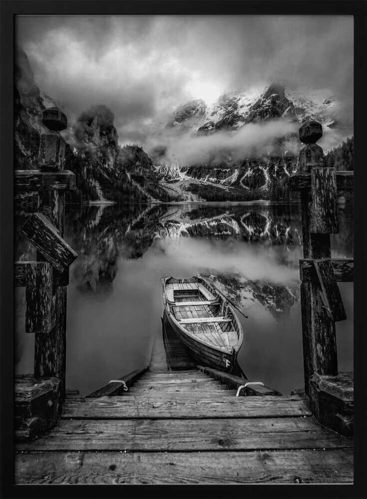 Misty Mountain Lake Boat Art Print UK — Dark Moody Calm Wall Art — Bedroom — Wall It All Prints