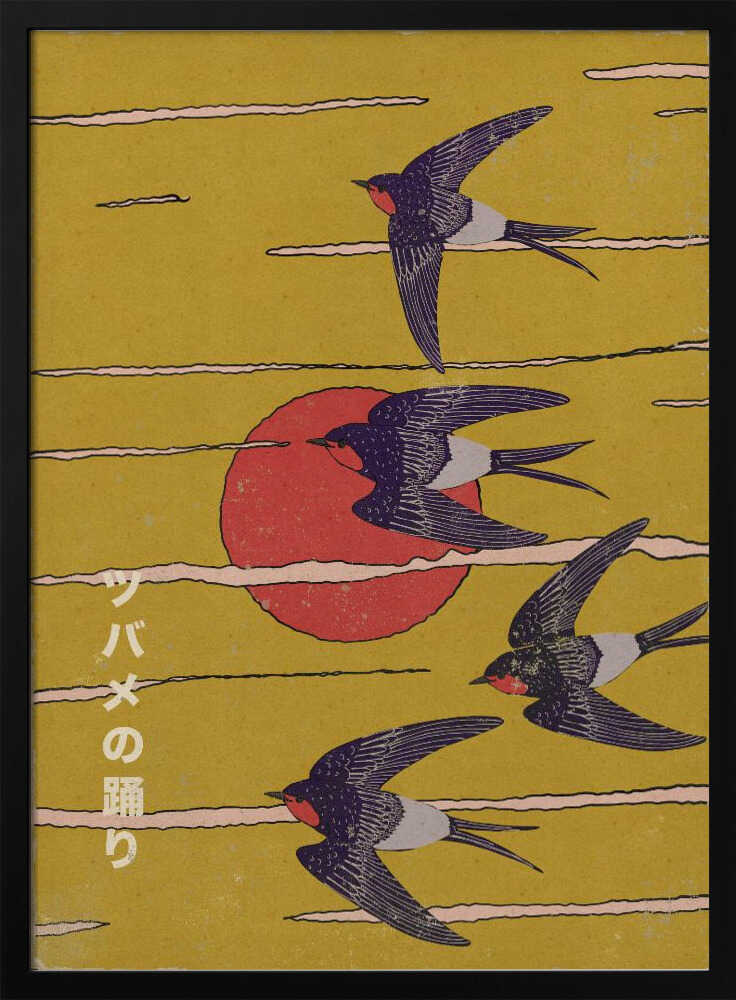 Flying Swallows and Sun Art Print UK — Japanese Vibrant Wall Art — Living Room — Wall It All Prints