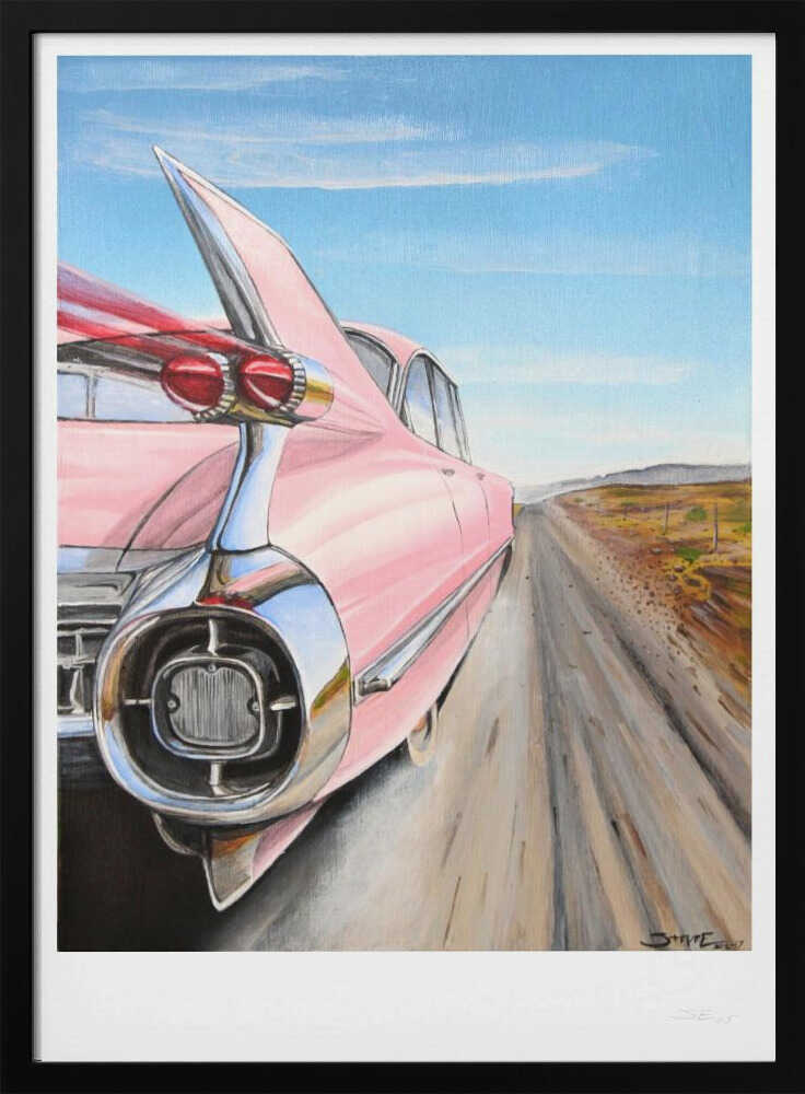 Pink Car Open Road Art Print UK — Vintage Vibrant Wall Art — Living Room — Wall It All Prints