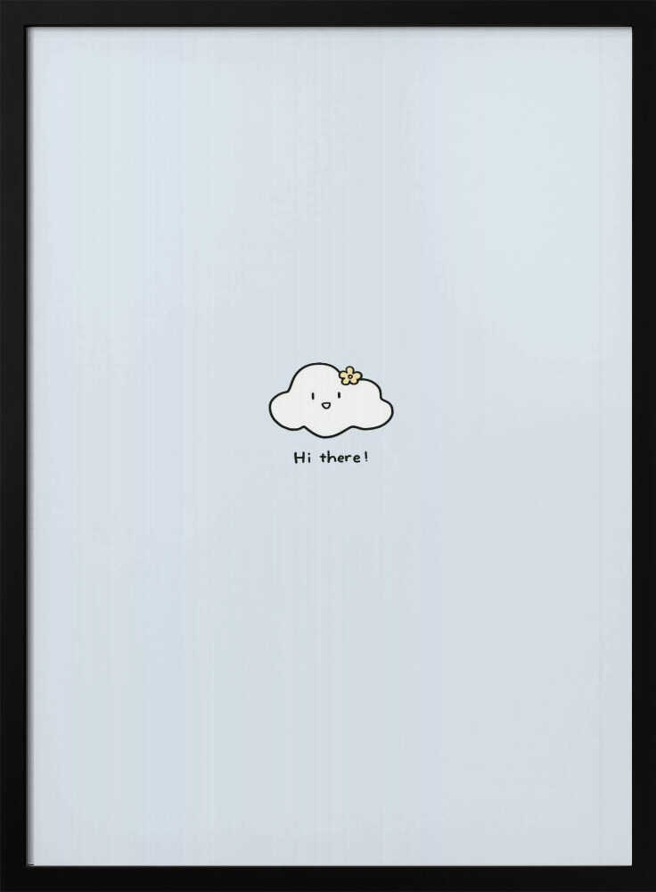 Framed Cute Cloud Hi There nursery print displayed in a soft neutral baby room.