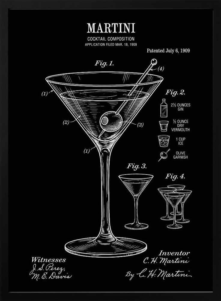 Classic Martini Patent Drawing Art Print UK — Vintage Dark Wall Art — Kitchen — Wall It All Prints