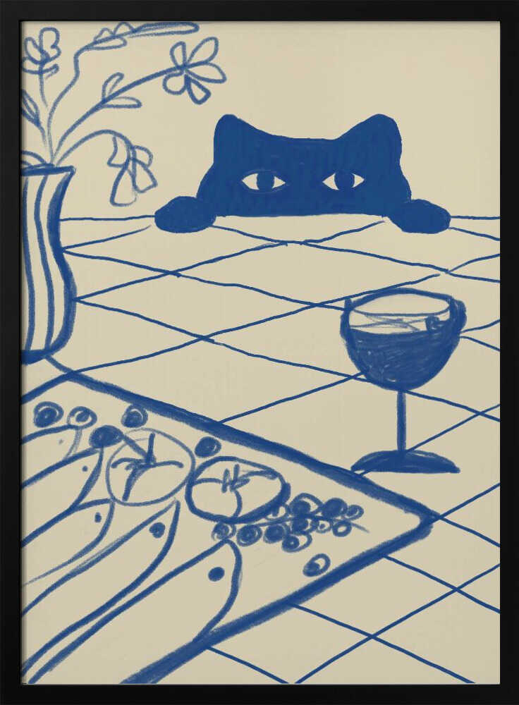 Curious Blue Cat Dinner Art Print UK — Botanical Vibrant Wall Art — Kitchen — Wall It All Prints