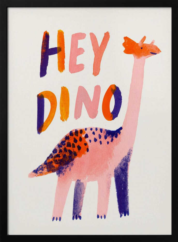 Framed Hey Dino Illustration print displayed in a bright, playful nursery.