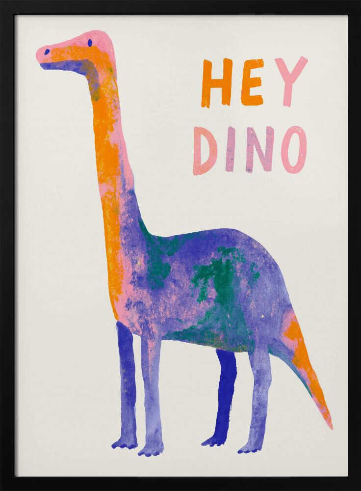 Framed Friendly Colorful Dino print displayed in a modern dinosaur-themed nursery.