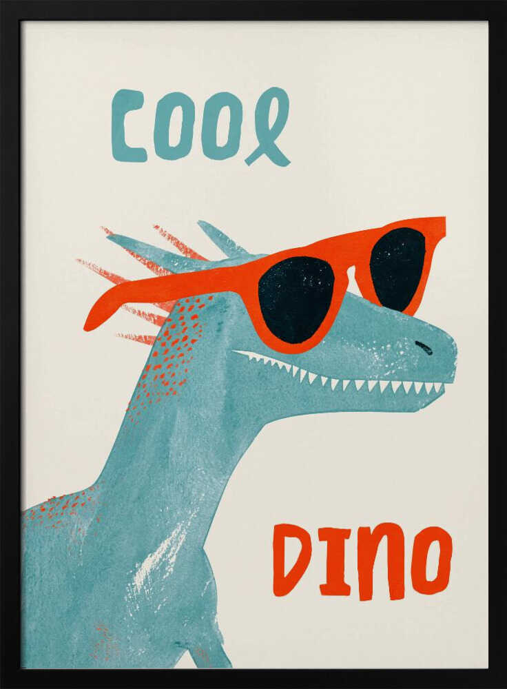 Framed Cool Dino dinosaur print displayed in a playful kids bedroom.