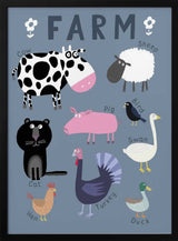 Framed Whimsical Farm Animals nursery print displayed in a rustic-style playroom.