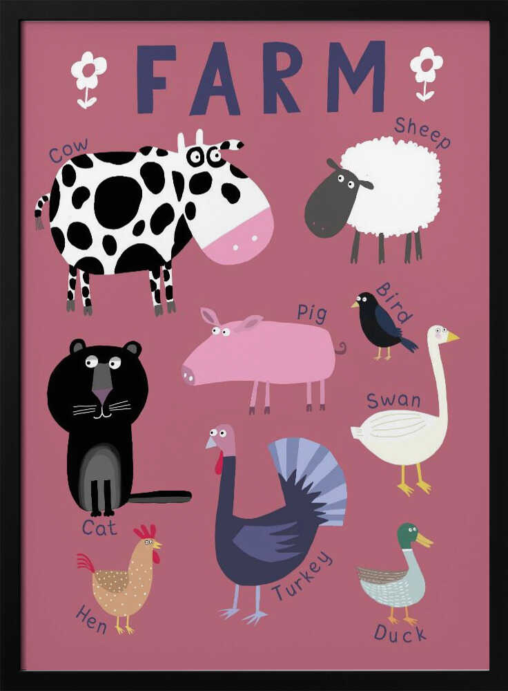 Framed Cute Farm Animals nursery print displayed in a countryside-themed playroom.