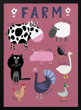 Framed Cute Farm Animals nursery print displayed in a countryside-themed playroom.