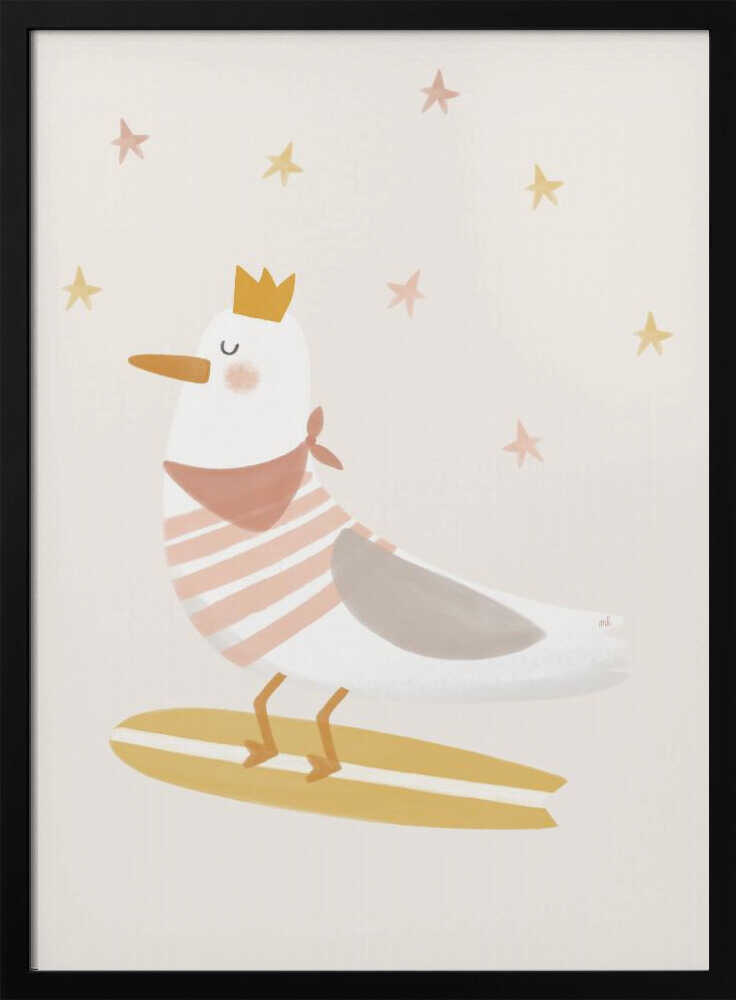 Framed Seagull Surfer Prince bird nursery print displayed in a coastal baby room.