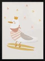 Framed Seagull Surfer Prince bird nursery print displayed in a coastal baby room.