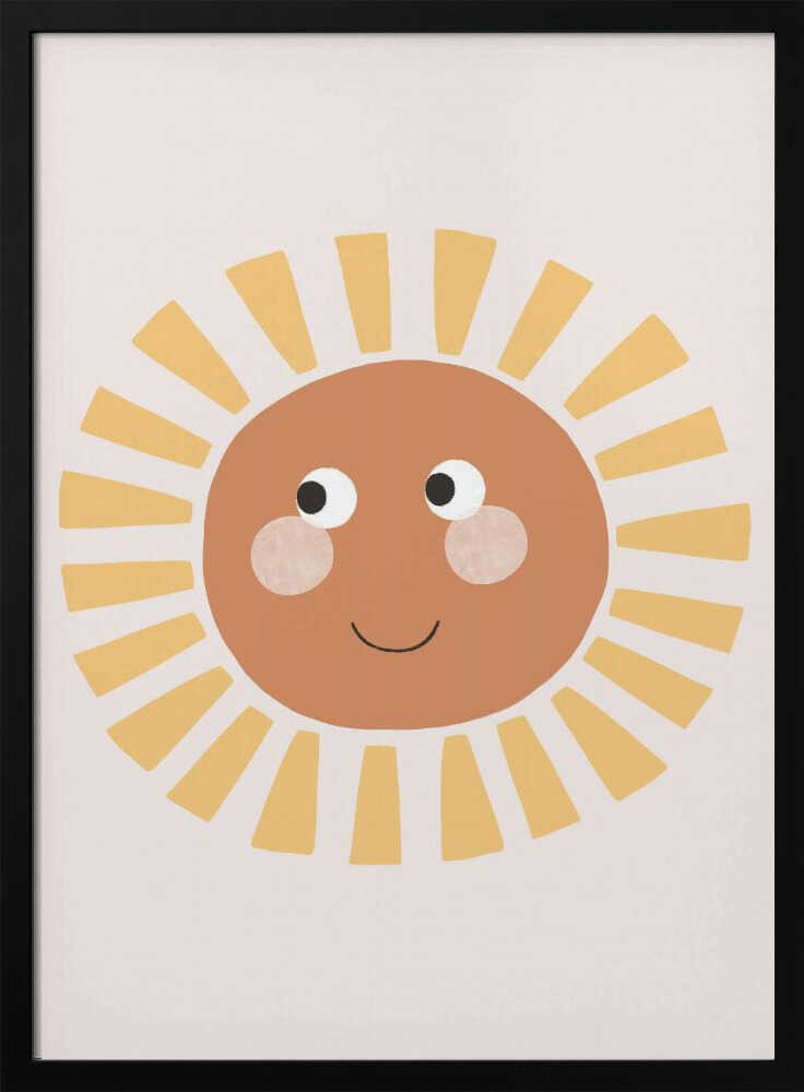 Framed Happy Smiling Sun nursery print displayed in a boho-style baby room.