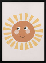 Framed Happy Smiling Sun nursery print displayed in a boho-style baby room.