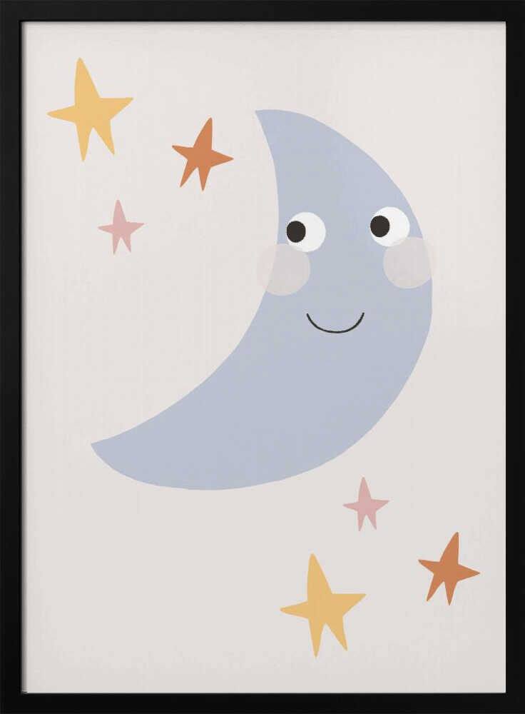 Framed Sweet Moon And Stars nursery print displayed above a cot in a calm baby room.