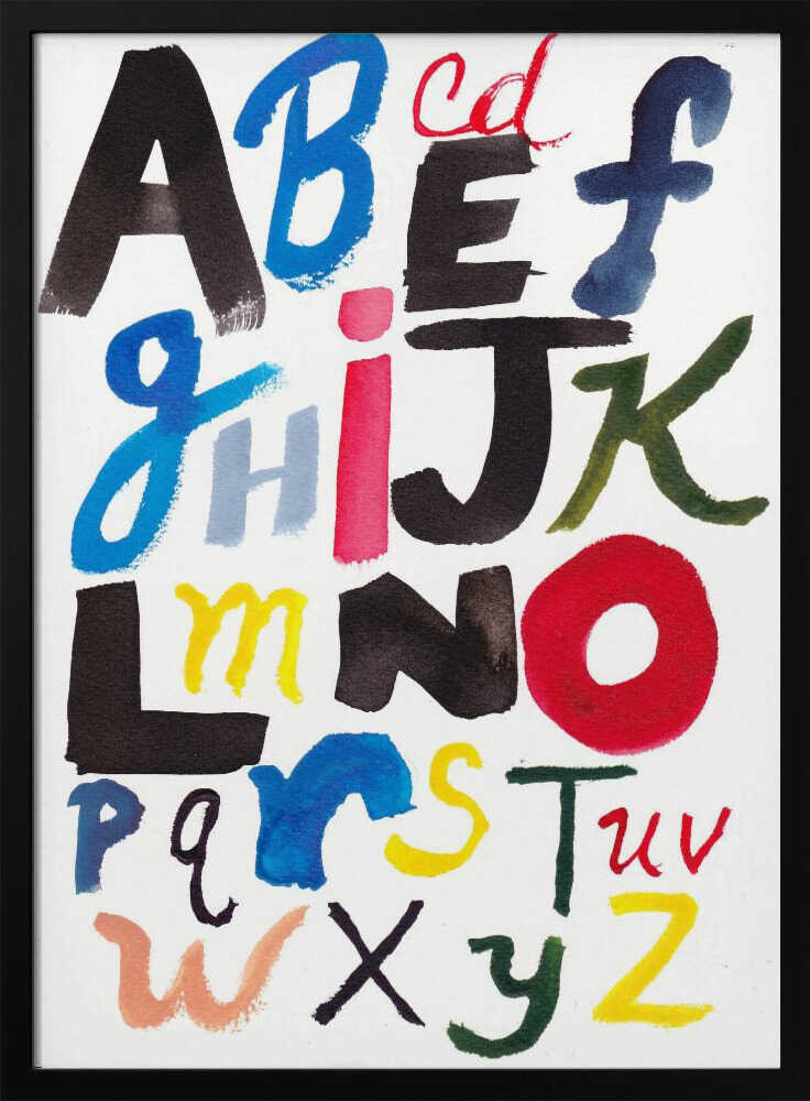 Framed Vibrant Painted Alphabet print displayed in a colourful playroom.