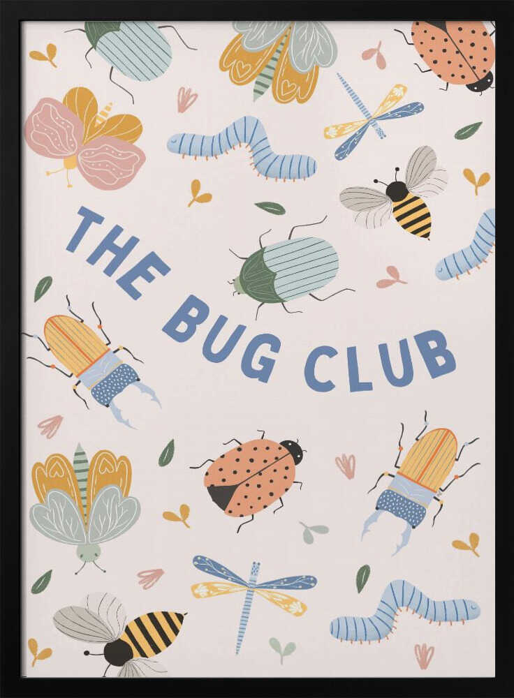 Framed The Bug Club animal nursery print displayed in a bright playroom.
